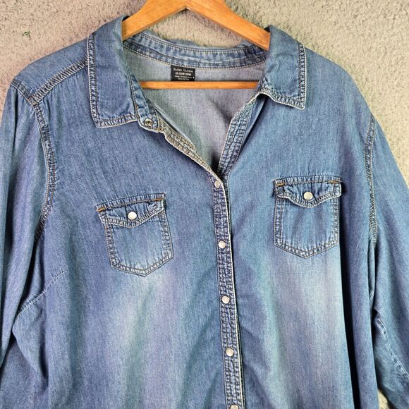 VTG Faded Glory Denim Shirt 3X Pearl Snap Roll Tab Western Y2K Cotton Side Slits - Picture 3 of 16